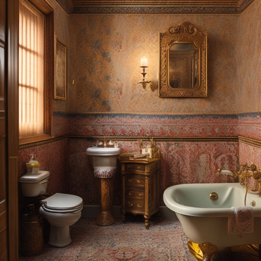 A nostalgic, soft-lit illustration of the Longfellow House bathroom, featuring intricately patterned wallpaper, ornate fixtures, and a vintage claw-foot tub, set against a warm, muted color palette.