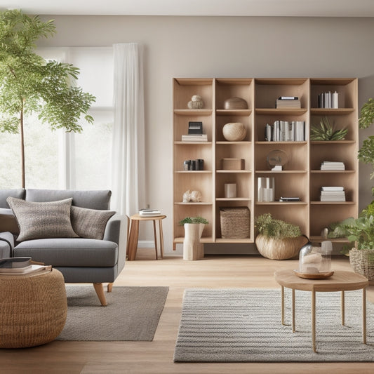 A tidy, modern living room with a wall of floor-to-ceiling shelving units, baskets, and drawers in a natural wood tone, surrounded by minimal, clutter-free decor.