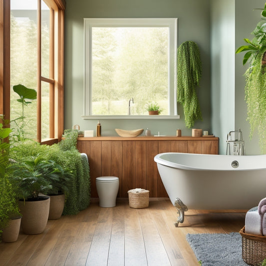 A serene bathroom with a freestanding tub, surrounded by floor-to-ceiling custom open shelves in a warm wood tone, holding rolled towels, decorative vases, and lush greenery.