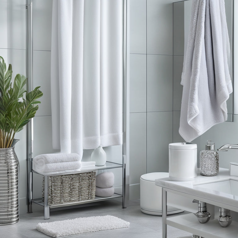 A serene bathroom with a freestanding shelf in a sleek, chrome finish, holding rolled towels, a decorative vase, and a few essentials, set against a calming, light-gray background with a subtle marble pattern.