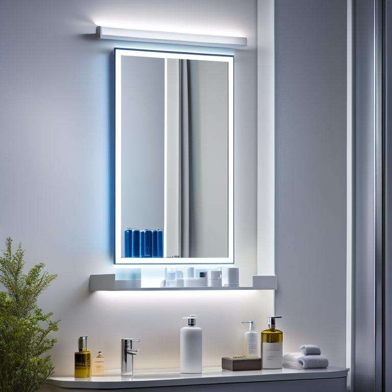 A modern bathroom with a sleek, wall-mounted medicine cabinet featuring a soft-glow LED strip along the bottom, illuminating a tidy arrangement of skincare products and fragrances.