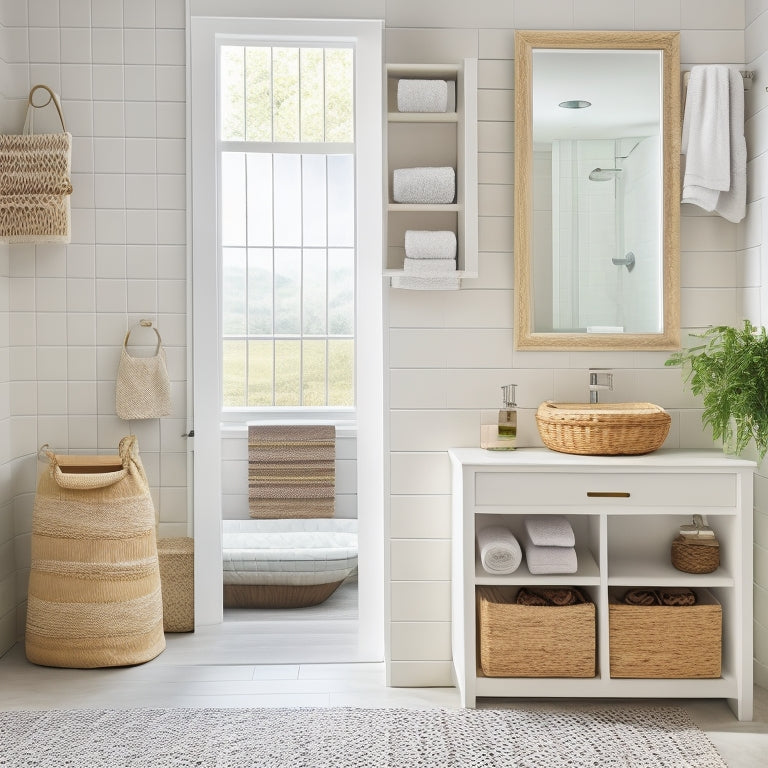 A serene, well-lit bathroom with a sleek, white countertop, featuring a tiered storage unit, a woven basket, a wall-mounted cabinet, a pedestal with a decorative vase, and a small, woven mat.