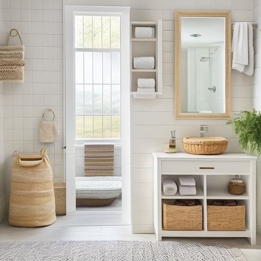 A serene, well-lit bathroom with a sleek, white countertop, featuring a tiered storage unit, a woven basket, a wall-mounted cabinet, a pedestal with a decorative vase, and a small, woven mat.