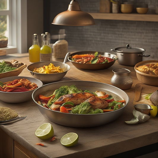 A warm and inviting kitchen scene with a bustling dinner table, featuring a steaming skillet of chicken fajitas, a bowl of mixed greens, and a few utensils, all set against a soft, golden light.