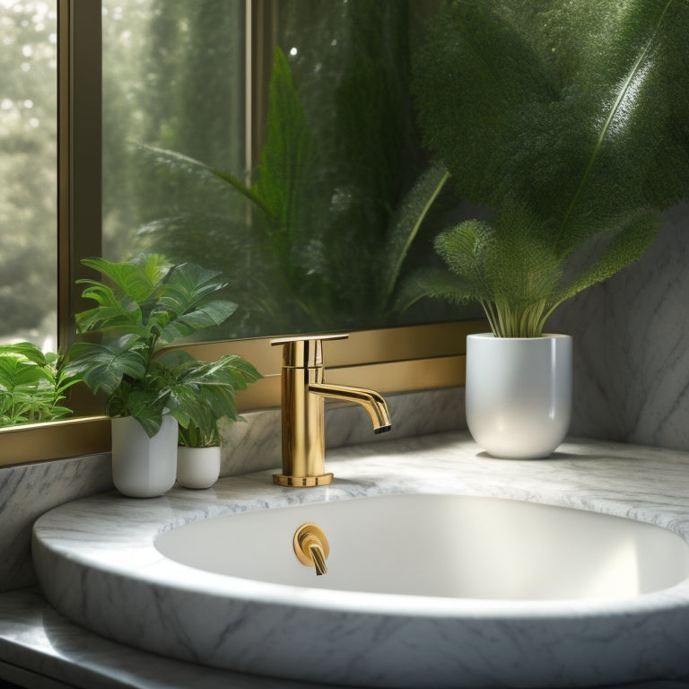 A sleek, modern sink vanity with a wall-mounted faucet, set against a backdrop of creamy white marble and surrounded by lush greenery, with a hint of warm golden lighting.