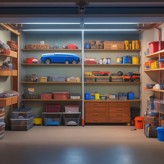 A dimly lit, cluttered garage with exposed studs, transformed into a sleek, organized space with recessed shelves, baskets, and LED-lit compartments, showcasing hidden storage potential.