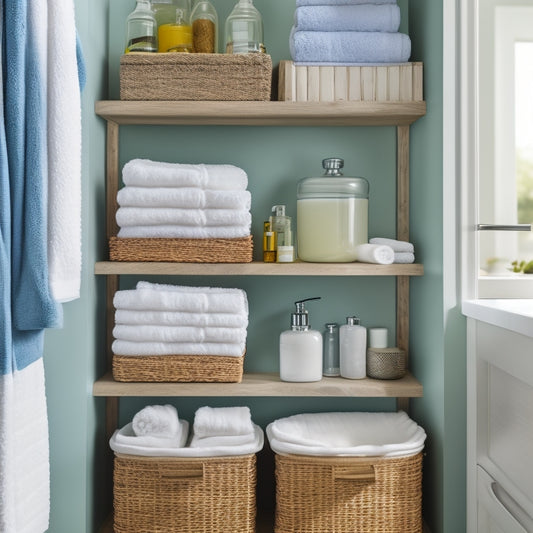 A beautifully organized bathroom featuring sleek, tiered shelves filled with colorful towels, stylish jars of cotton swabs, and a multi-compartment caddy holding toiletries, all set against a serene, neutral-toned backdrop.