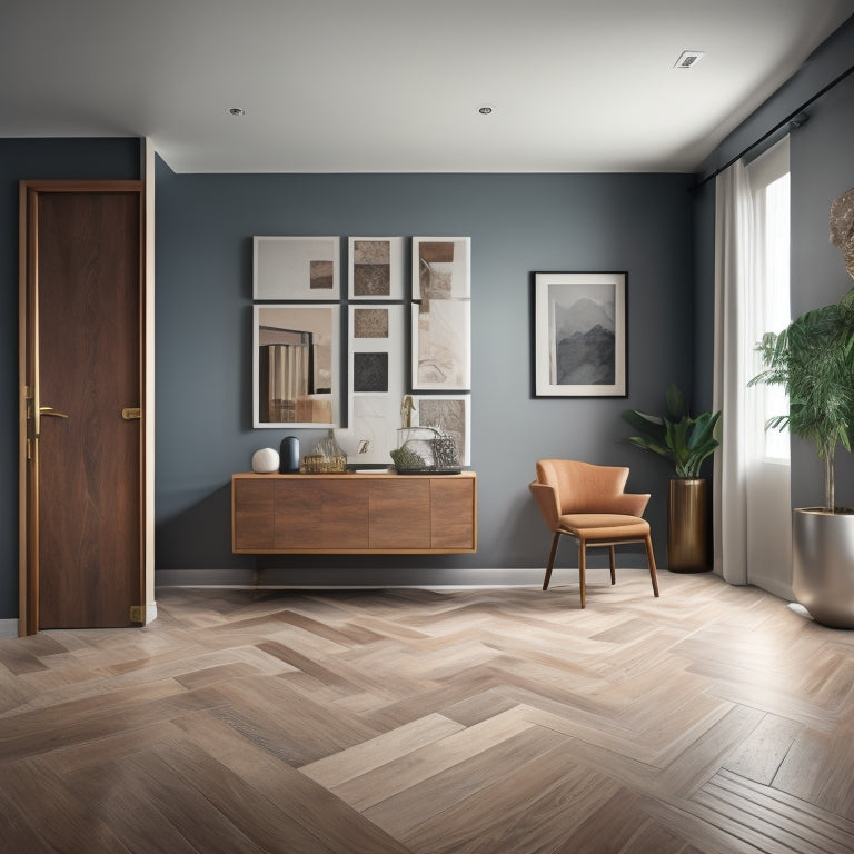 A stylized, modern room with a seamless transition between spaces, featuring a mix of Daltile's wood-look, marble, and geometric-patterned tiles in varying shapes, sizes, and textures.