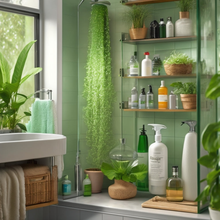 A serene, well-lit shower interior with three glass shelves, each holding a few, carefully arranged, essential items: a soap dispenser, a loofah, a shampoo bottle, a razor, and a few lush, green plants.