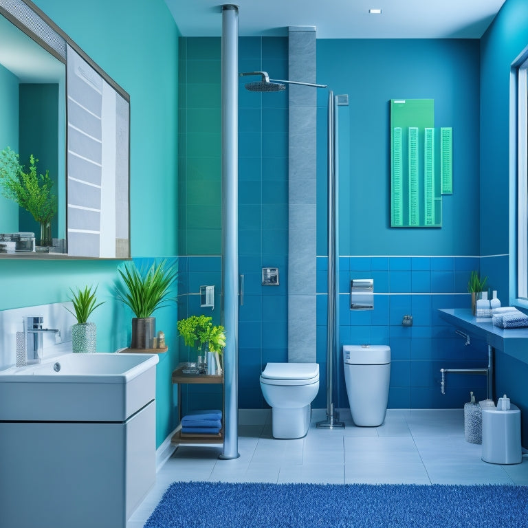 A modern bathroom with sleek fixtures, a chrome faucet, and a wall-mounted toilet, surrounded by charts and graphs with rising arrows and trending lines in shades of blue and green.