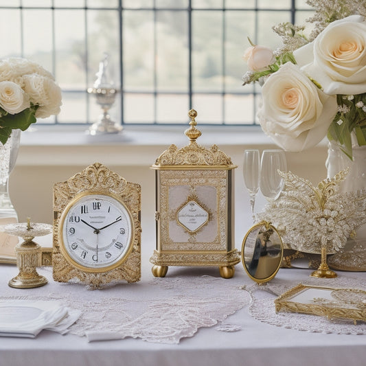 A elegant, ornate wedding planner's desk, adorned with a delicate lace table runner, featuring a beautifully organized array of wedding planning essentials, including a vintage-inspired clock, a champagne flute, and a bouquet of fresh flowers.