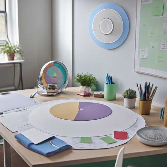 A serene, minimalist workspace with a large, circular mind map on a whiteboard, surrounded by colorful sticky notes, a few tidy piles of paper, and a single, gleaming silver pen.