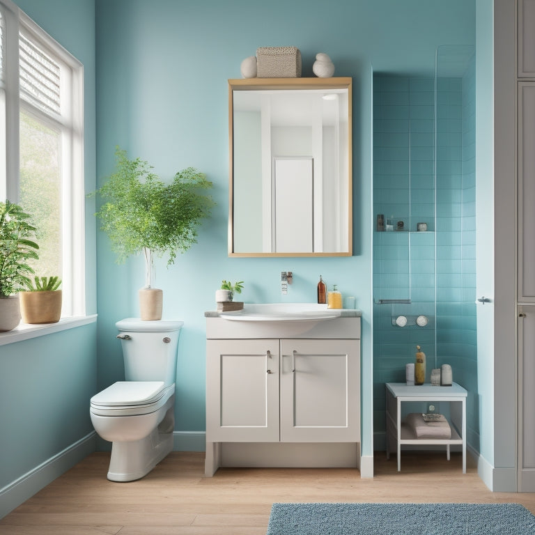 A bright, modern bathroom with a wall-mounted cabinet featuring a mirrored door, a recessed shelving unit, and a pedestal sink with a slide-out storage drawer beneath.