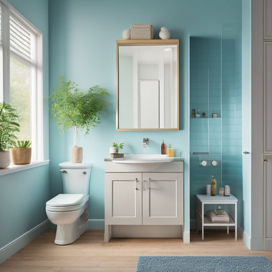 A bright, modern bathroom with a wall-mounted cabinet featuring a mirrored door, a recessed shelving unit, and a pedestal sink with a slide-out storage drawer beneath.