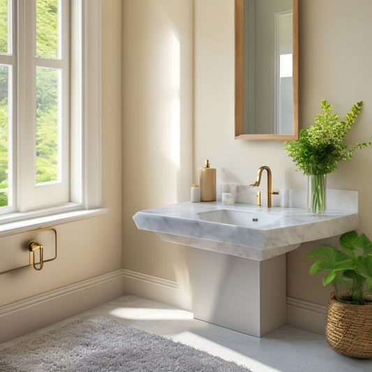 A serene bathroom scene featuring a sleek, wall-mounted pedestal sink in a matte white finish, surrounded by minimalist decor, soft natural light, and a subtle marble backsplash.