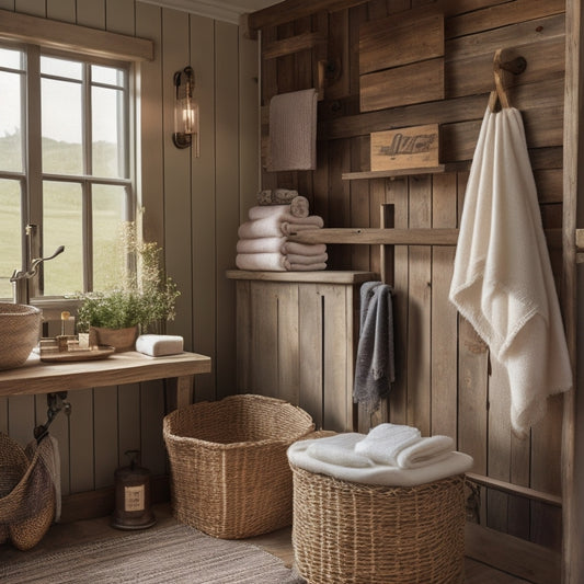 A serene farmhouse-style bathroom with exposed wooden beams, rustic metal accents, and vintage fixtures, featuring a repurposed wooden ladder as a towel rack and woven baskets storing toiletries.