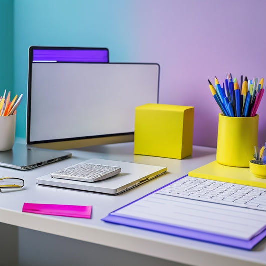 A futuristic, minimalist desk with a sleek, silver laptop and a Provider Planner 2020 opened to a colorful, tabbed page, surrounded by neatly organized office supplies and a few scattered, vibrant sticky notes.