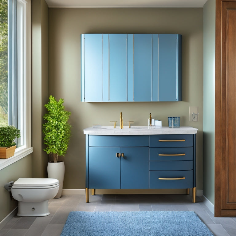 A sleek, modern bathroom with a wall-mounted, curved cabinet above the sink, a recessed medicine cabinet with a mirrored door, and a pedestal sink with a slide-out storage drawer underneath.