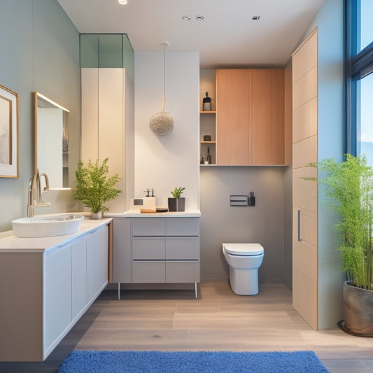 A serene, modern bathroom with a wall-mounted sink, a compact toilet, and a sleek, floor-to-ceiling storage cabinet with sliding glass doors, showcasing a clutter-free space in a cozy apartment.