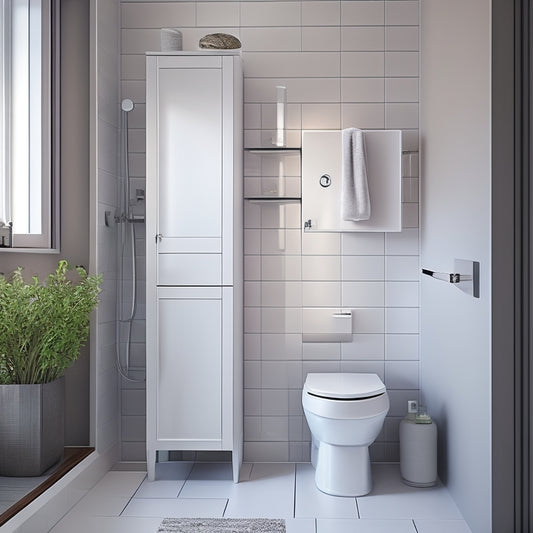 A sleek, modern toilet wall cabinet with a mirrored door, mounted above a compact toilet in a small, white-tiled bathroom with a chrome faucet and minimalist decor.