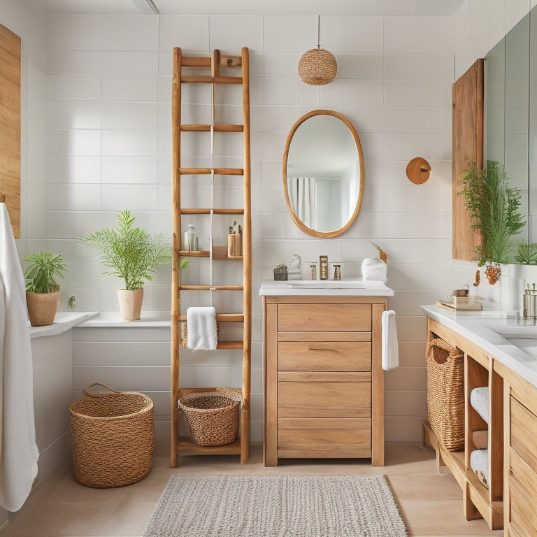 A modern bathroom with a wooden ladder repurposed as a towel rack, wicker baskets hanging from the ceiling, and a mirrored cabinet with hidden storage compartments.