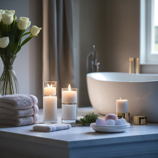 A serene bathroom scene featuring a freestanding tub, plush towels, and a marble countertop, with a vase of fresh flowers, a candle, and a few carefully placed luxury skincare products.