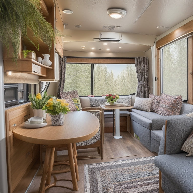 A cozy RV interior with a murphy bed, convertible sofa, and a retractable dining table, surrounded by lush greenery, soft lighting, and clever storage solutions like baskets and shelves.