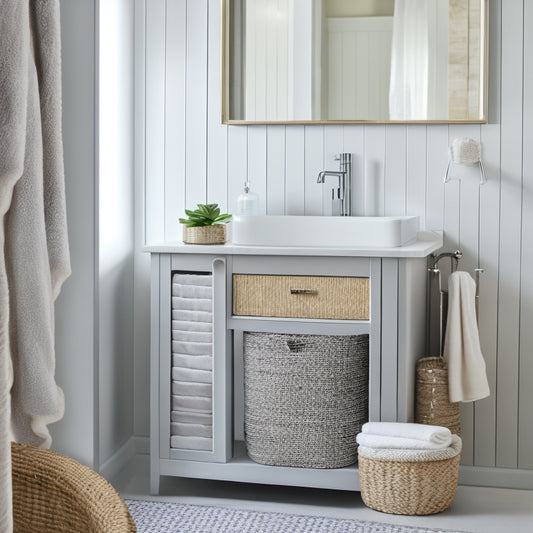 A beautifully styled bathroom with a pedestal sink, surrounded by clever storage solutions: woven baskets, a minimalist shelf, and a decorative cabinet, all in a calming, soft-gray and white color scheme.