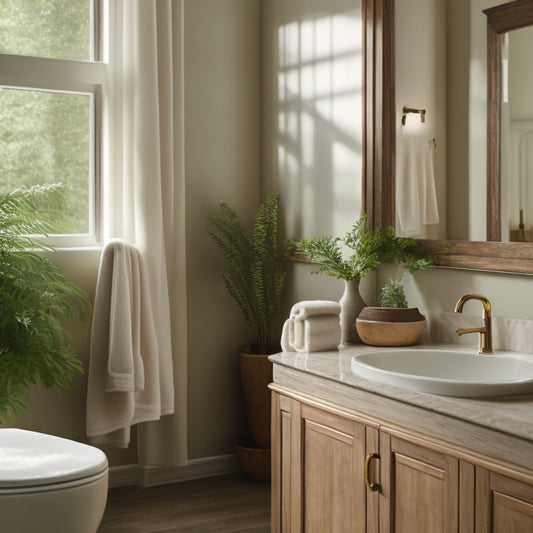 A serene bathroom scene featuring a light wood sink vanity with a rectangular mirror above, surrounded by lush greenery, soft white towels, and a few decorative ceramic vases in a natural, earthy color palette.