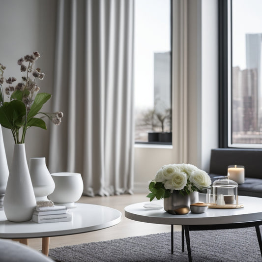 A minimalist, modern living room with a stylish coffee table, a vase with fresh flowers, and a few rolled-up decor cheat sheets scattered around, with a subtle, blurred background of a cityscape.