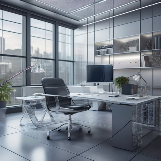 A futuristic workspace with sleek, minimalist desk and chair, surrounded by neatly organized cables and wires, routed through transparent tubes and geometric cable organizers in metallic and glass finishes.