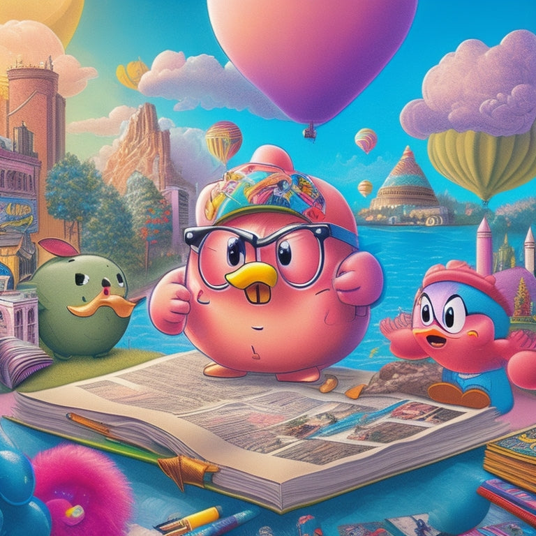 A whimsical illustration featuring Kirby, a bespectacled cartoonist, surrounded by swirling comic book pages, colorful pens, and a giant pencil, with a cityscape or fantasy world unfolding in the background.