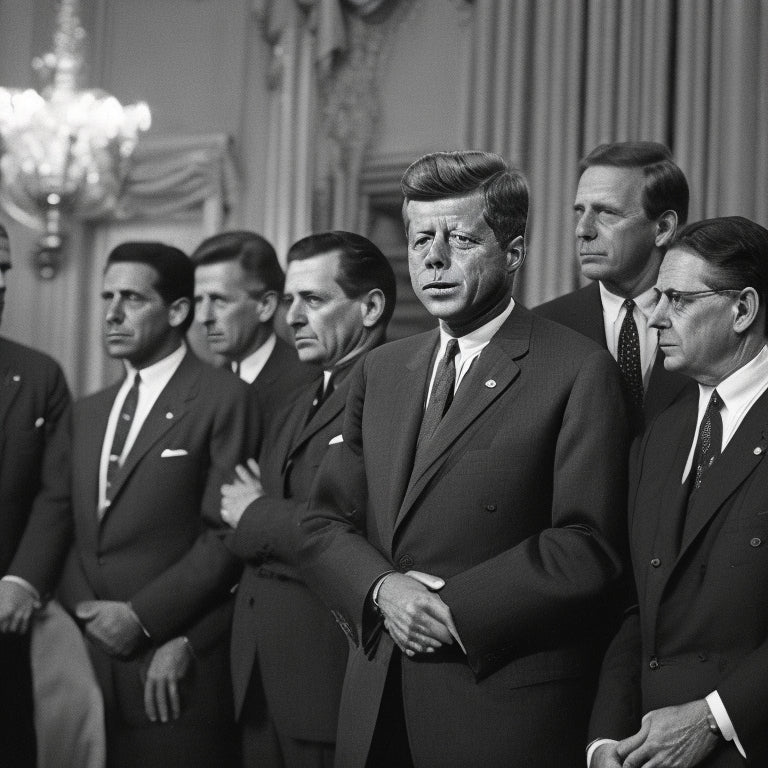 A black-and-white photograph of President John F. Kennedy standing in the Oval Office, surrounded by prominent March leaders, all dressed in formal attire, with serious yet determined expressions.