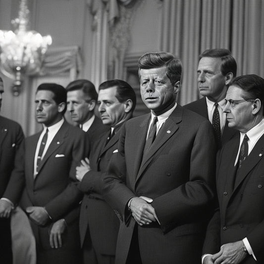 A black-and-white photograph of President John F. Kennedy standing in the Oval Office, surrounded by prominent March leaders, all dressed in formal attire, with serious yet determined expressions.