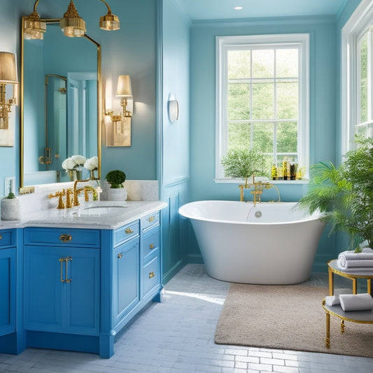 A serene bathroom with soft, warm lighting featuring floor-to-ceiling blue cabinets with ornate gold hardware, paired with crisp white countertops and a freestanding tub surrounded by lush greenery.