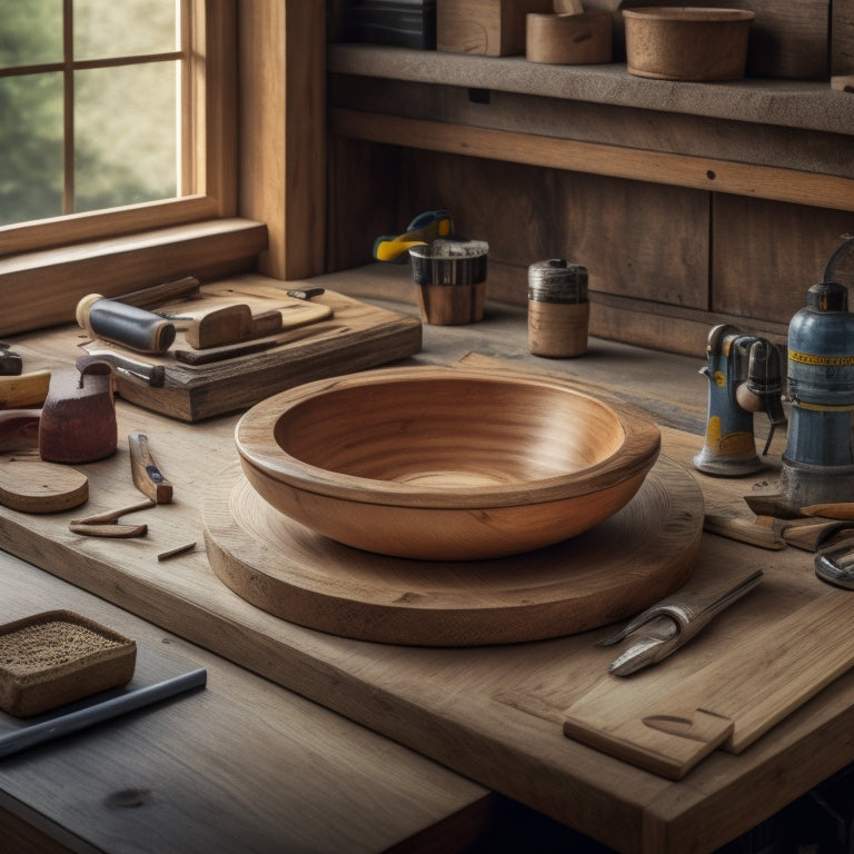 A detailed illustration of a wooden sink basin on a workbench, surrounded by woodworking tools, wooden planks, and a sink drain, with measuring tape and pencil marks on the wood.