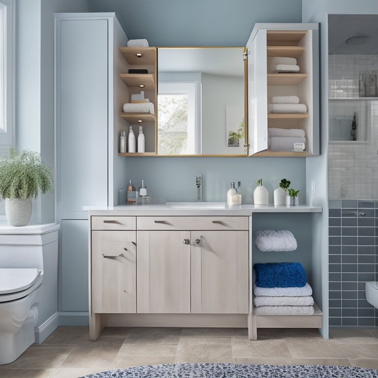 A modern bathroom with a wall-mounted cabinet featuring pull-out drawers, a recessed medicine cabinet with mirrored doors, and a pedestal sink with a built-in storage shelf beneath.