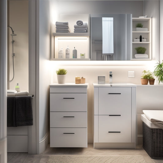 A well-lit, modern bathroom with a sleek, white under-bathroom-sink storage unit featuring multiple drawers, a slide-out trash can, and a built-in shelf, surrounded by neatly organized toiletries and towels.