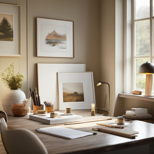 An elegant, minimalist workspace with a wooden desk, surrounded by empty frames, art supplies, and a few scattered paintbrushes, bathed in warm, soft light, evoking creativity and customization.