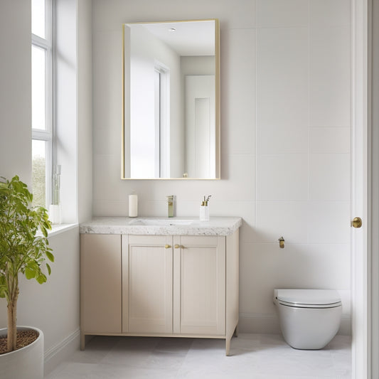 A minimalist, modern bathroom with a compact wall cabinet in a soft, calming color, mounted above a sleek sink, surrounded by creamy marble countertops and a subtle patterned floor.