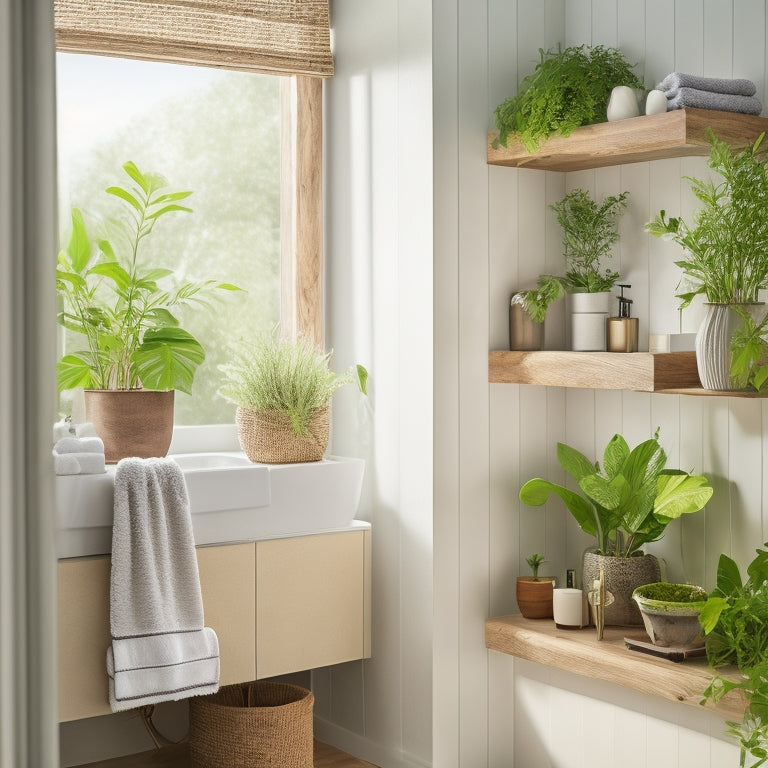 A serene, modern bathroom with DIY floating shelves in a warm wood tone, holding rolled towels and potted greenery, against a crisp white backdrop and beneath a skylight pouring in soft, natural light.