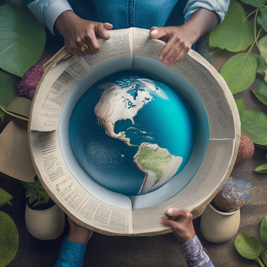 An illustration of a globe with a toilet paper roll wrapped around it, surrounded by diverse people holding kindles, with water droplets and leaves in the background, symbolizing global sanitation efforts.