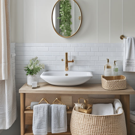 A stylish, well-lit bathroom sink area with a pedestal sink, marble countertop, and a few strategically placed storage solutions, including a woven basket, a tiered tray, and a wall-mounted shelf.