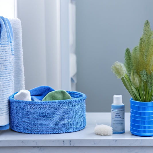 A tidy bathroom countertop with a woven basket containing rolled towels, a small potted plant, and a minimalist organizer tray holding a toothbrush, toothpaste, and Q-tips, against a calming blue-gray background.