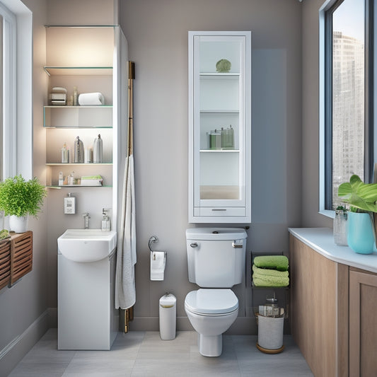 A tidy, modern small bathroom with a wall-mounted toilet, featuring a sleek over-the-toilet storage cabinet with mirrored doors, and a few decorative bathroom essentials on the shelves.