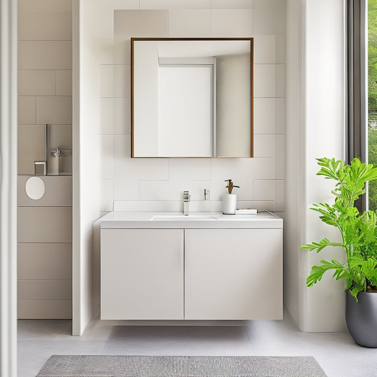 A serene, modern small bathroom with a sleek wall-mounted vanity, a compact sink, and a tall, mirrored cabinet above, reflecting a minimalist aesthetic and maximizing storage.