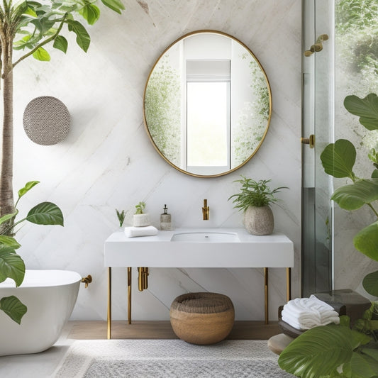 A serene bathroom with 10 distinct wall decor options, including a large circular mirror, a botanical print, a geometric tile installation, and a natural stone accent wall, amidst crisp white fixtures and lush greenery.