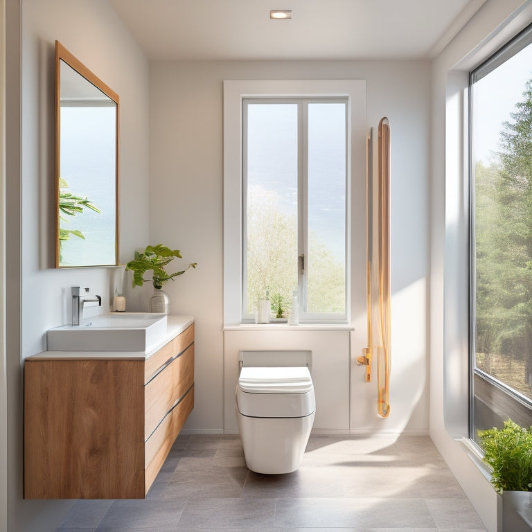 A modern bathroom with a sleek, wall-mounted toilet storage cabinet featuring a mirrored door, surrounded by minimalist decor, and a freestanding tub beneath a large window with natural light pouring in.