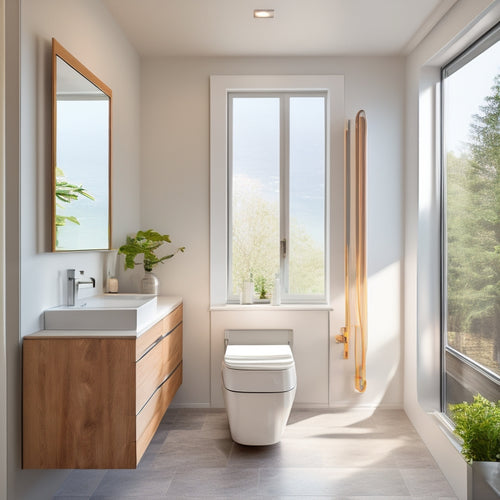 A modern bathroom with a sleek, wall-mounted toilet storage cabinet featuring a mirrored door, surrounded by minimalist decor, and a freestanding tub beneath a large window with natural light pouring in.