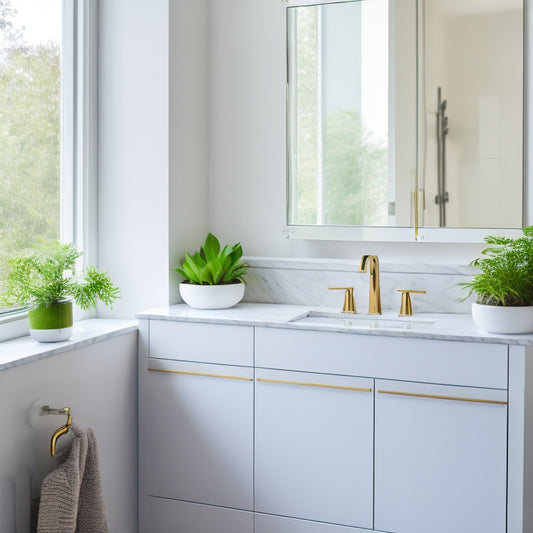 A sleek, modern white bathroom vanity with a marble countertop, minimalist faucet, and soft-close drawers, set against a crisp white background with subtle natural light and a few sprigs of greenery.